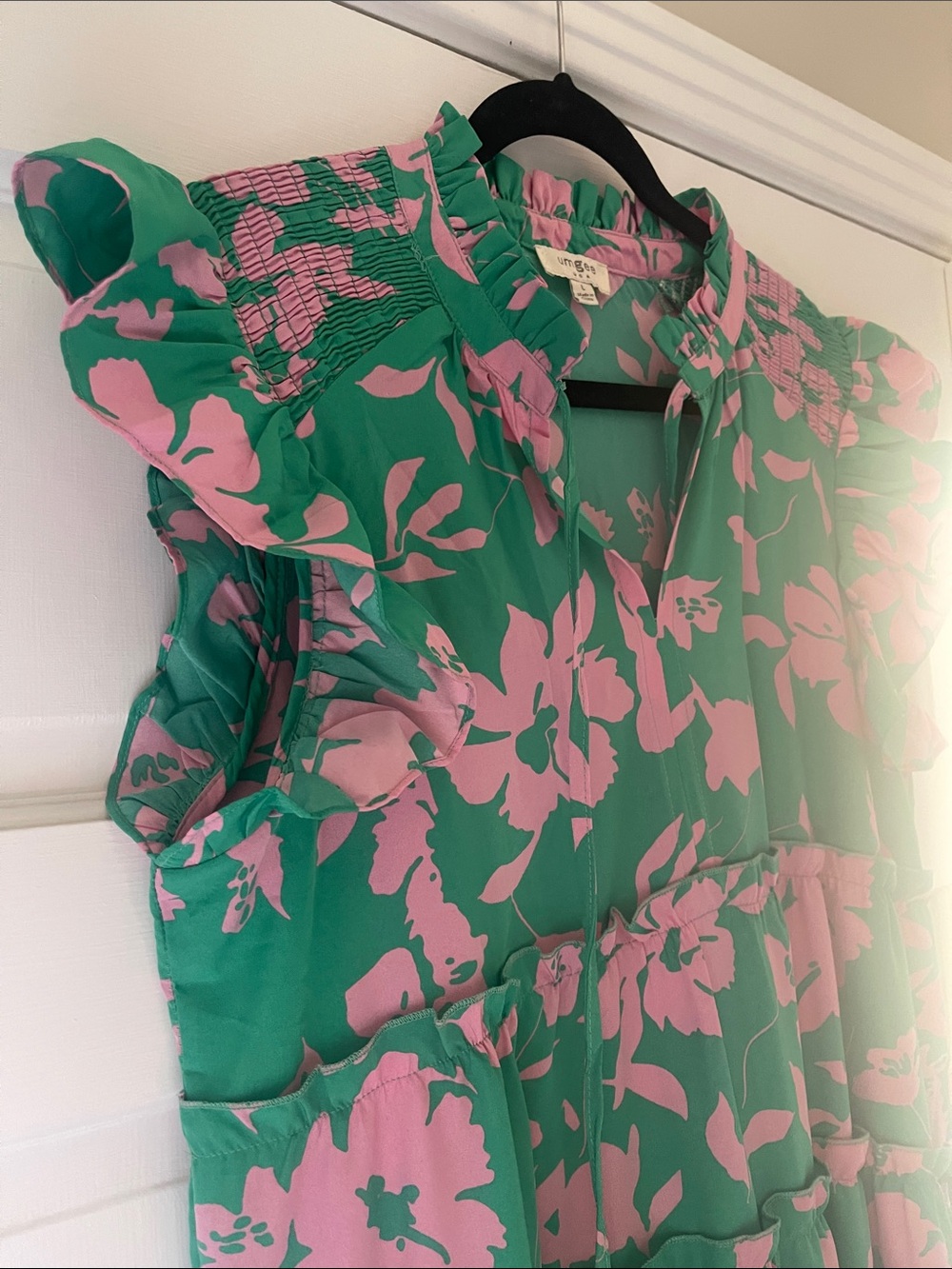 Umgee Pink Floral Green Ruffled Neck Blouse - Picture 4 of 5